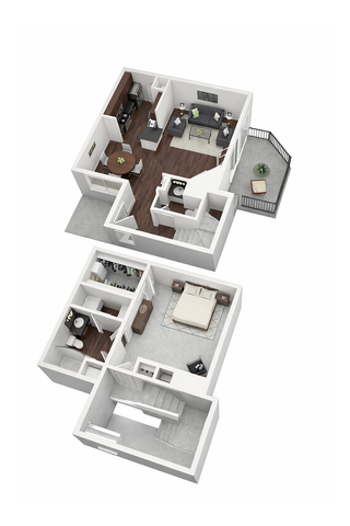 Modern multi-level floor plan showcasing an open-concept living area with a connected kitchen and dining space, private bedroom on the lower level, and a spacious balcony perfect for relaxation.