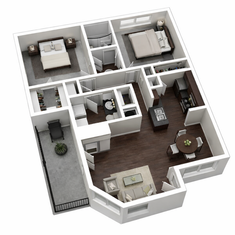 Modern 3D floor plan showcasing two spacious bedrooms, an elegant open-plan living and dining area, and a sleek kitchen. Perfect for comfortable urban living with a stylish balcony.