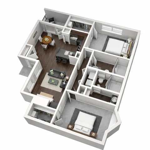 Elegant 3D floor plan showcasing 2 spacious bedrooms, an open-concept kitchen with island, and inviting living space with balcony access.