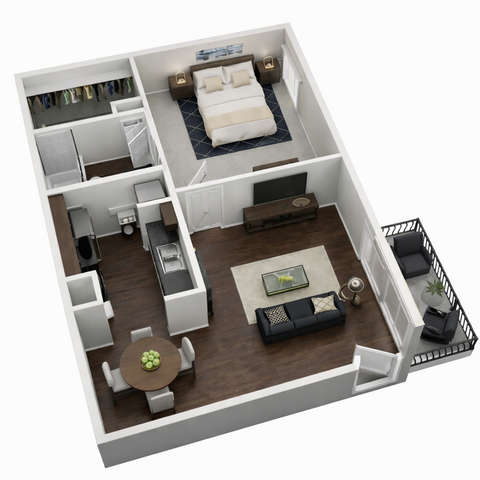Modern 3D apartment layout featuring a cozy bedroom, sleek kitchen, elegant living area, and private balcony.