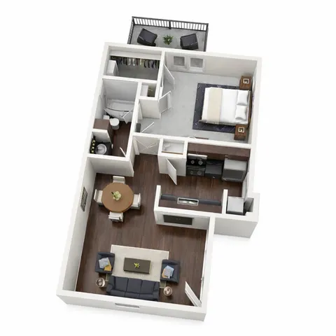 Modern floor plan showcasing a cozy one-bedroom apartment with hardwood floors, stylish living and dining area, well-equipped kitchen, and private balcony.