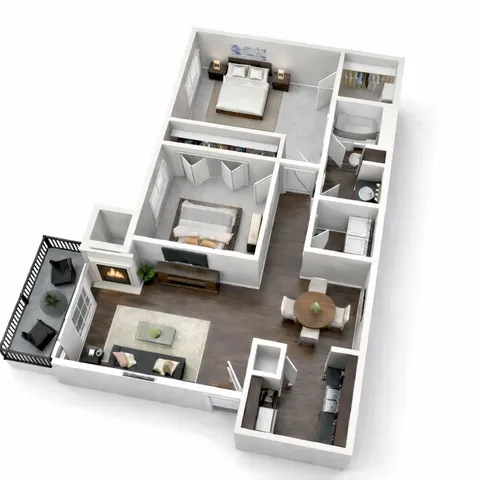 Modern 3D floor plan showcasing 2 bedrooms, a cozy living room with a fireplace, stylish kitchen, and a private balcony.