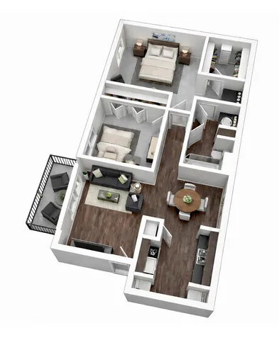Modern 3D floor plan featuring two cozy bedrooms, a spacious living area, and an open-concept kitchen with island dining. Includes a chic balcony for outdoor relaxation.