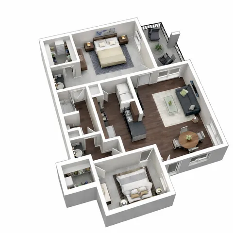Modern 3D floor plan featuring two spacious bedrooms, a stylish open-concept living and dining area, and a cozy balcony.