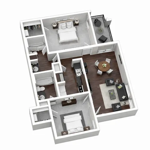 Modern 3D floor plan featuring two spacious bedrooms, a sleek living area, open kitchen, two bathrooms, and a cozy balcony.