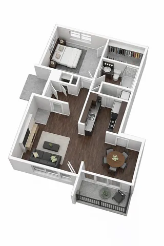 Modern 3D floor plan showcasing one bedroom, open living area, sleek kitchen, and private balcony.