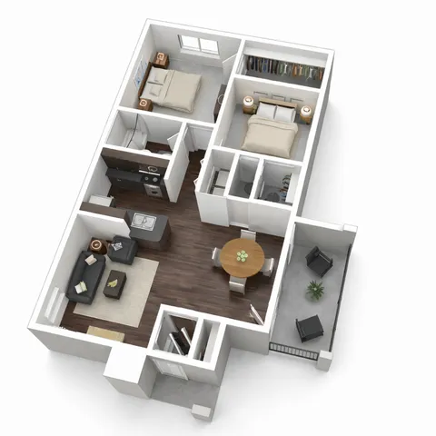 Contemporary 3D floor plan showcasing a stylish 2-bedroom apartment with an open-plan living and dining area, modern kitchen, cozy balcony, and elegant hardwood floors.