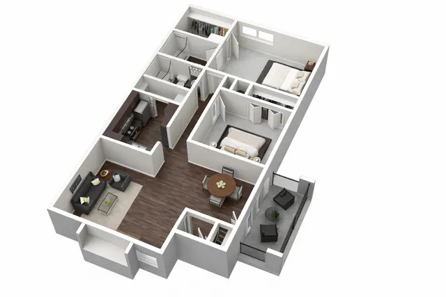 Elegant 3D floor plan showcasing 3 bedrooms, inviting open living area, modern kitchen, and a cozy balcony with seating.