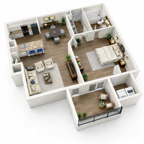 Modern apartment layout featuring a spacious bedroom, open-concept kitchen with a breakfast bar, cozy living area, elegant dining space, and a private balcony.
