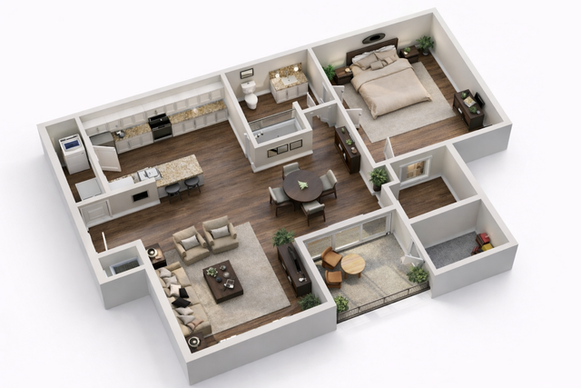 Modern 3D floor plan featuring a spacious bedroom, open-concept living area, sleek kitchen with island, and cozy balcony.