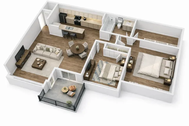 Elegant floor plan showcasing two bedrooms, a modern kitchen, open living space, and a charming balcony.