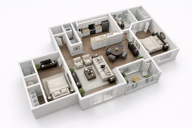 Modern 3D floor plan showcasing two spacious bedrooms, a sleek kitchen, open-concept living area, and elegant dining space.