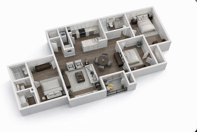 Elegant 3D floor plan showcasing a modern apartment with two bedrooms, an open kitchen, spacious living area, and two bathrooms.