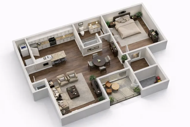Modern 3D floor plan showcasing a spacious apartment with 1 bedroom, open-concept living and dining area, sleek kitchen with island, stylish bathroom, and a cozy balcony space.