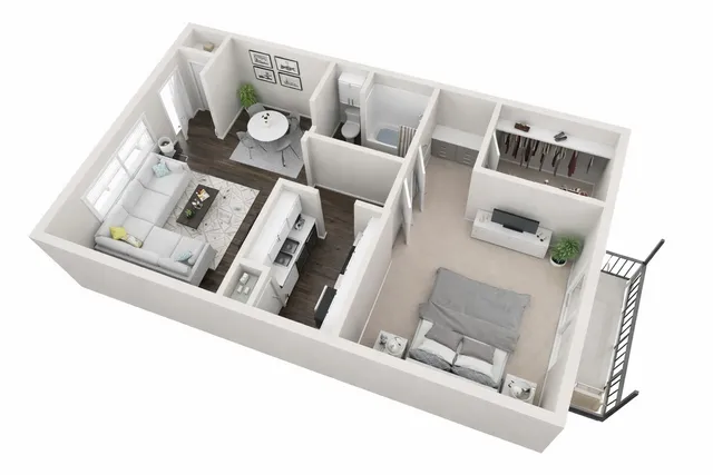 Modern 3D floor plan showcasing a cozy one-bedroom apartment with an open-concept living area, stylish kitchen, and elegant dining space.