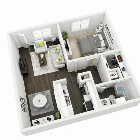 Charming 3D floor plan showcasing a cozy 1-bedroom apartment with modern living area, sleek kitchen, and elegant bathroom.