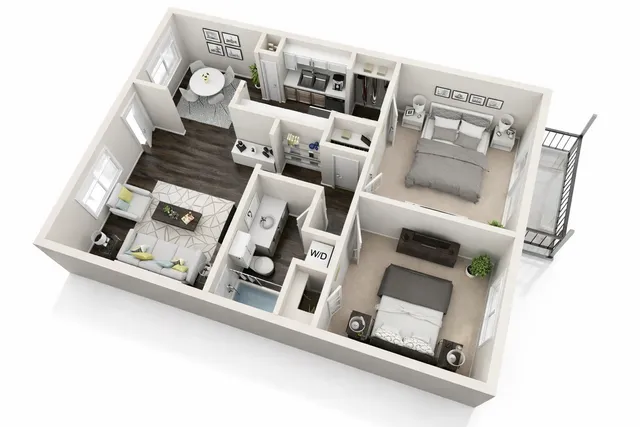 Chic 3D floor plan showcasing two cozy bedrooms, modern kitchen, inviting living room, and elegant dining area with abundant natural light.