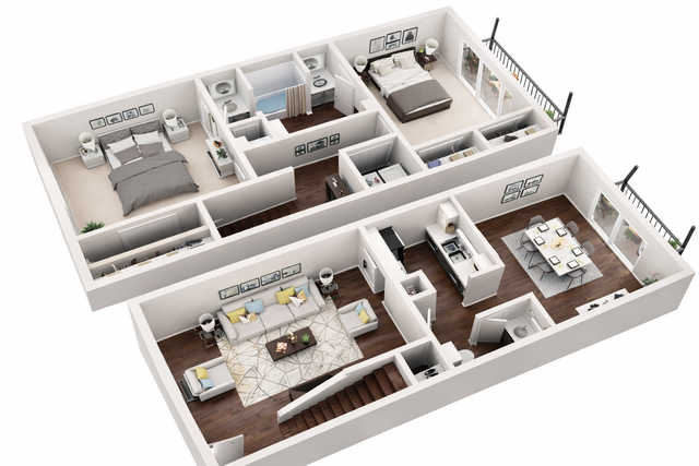 Modern spacious 3D apartment layout featuring two bedrooms, open-concept living and dining area, and a sleek kitchen.