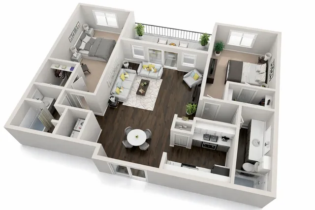 Elegant 3D floor plan showcasing 2 bedrooms, a cozy living area with balcony, and a modern kitchen with dining space.