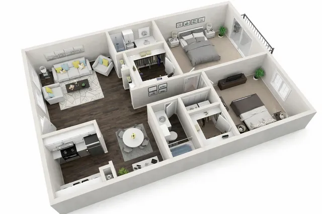 Contemporary 3D floor plan showcasing 2 bedrooms, a stylish open living area, modern kitchen, and elegant bathrooms.