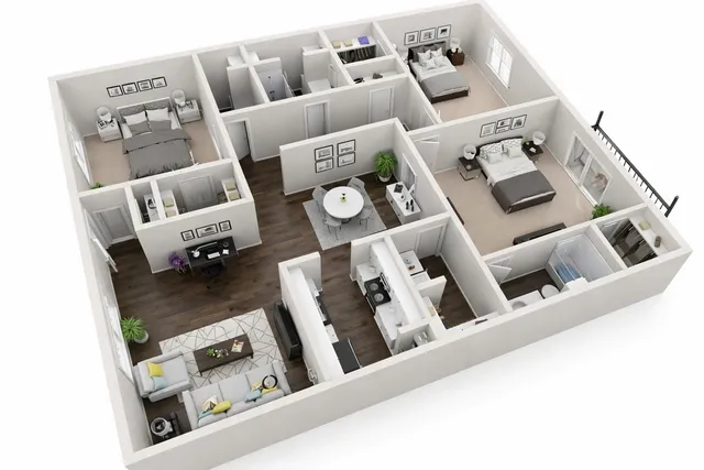 Modern 3D apartment floor plan featuring three spacious bedrooms, an inviting living room, dining area, and a sleek kitchen. Includes a cozy office space and balcony for relaxed living.