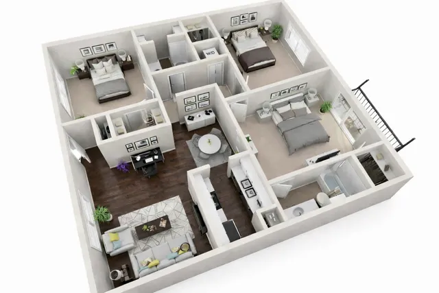 Modern 3D floor plan showcasing a stylish apartment with three bedrooms, a cozy living room, and a sleek kitchen. Includes a dedicated dining area and elegant furnishings.