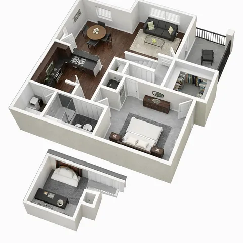 Modern 3D floor plan showcasing two bedrooms, an elegant open kitchen, and a cozy living area with balcony access.
