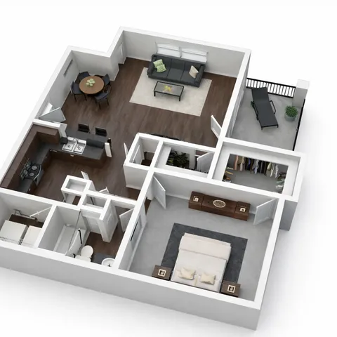 Chic and modern 3D floor plan featuring a spacious bedroom, open-plan living and dining area with sleek kitchen, and a private balcony for relaxing.