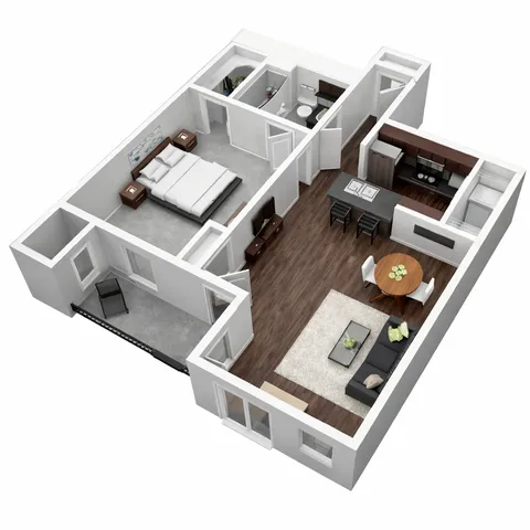 Modern 3D apartment layout with 1 bedroom, contemporary kitchen, cozy living area, and elegant dining space.