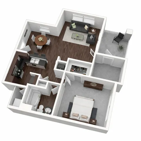 Contemporary 3D floor plan showcasing a spacious one-bedroom apartment with an open living space, elegant kitchen, and inviting balcony.