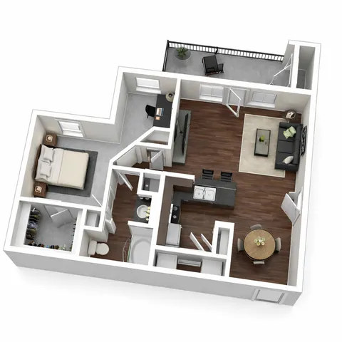Modern open-concept floor plan featuring a spacious bedroom, sleek kitchen with island, inviting living area, stylish bathroom, and private balcony.