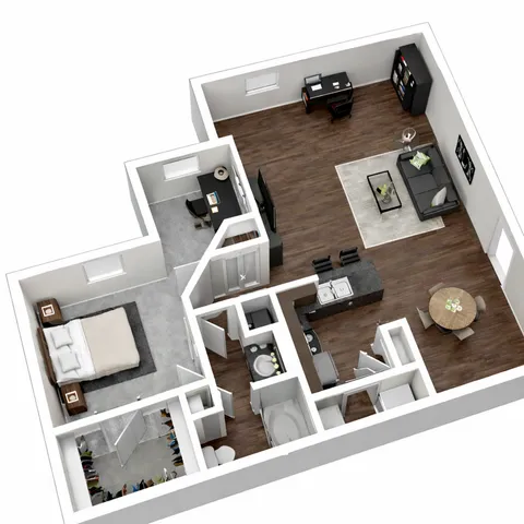 Modern 3D floor plan showcasing a stylish one-bedroom apartment with a spacious open-concept living area, sleek kitchen, and cozy dining space, highlighted by rich wood flooring.