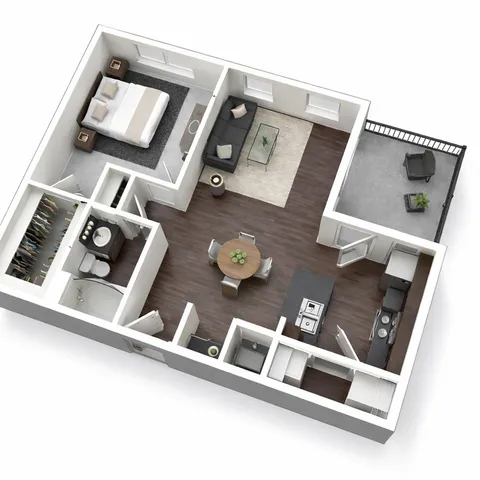 Modern 3D floor plan showcasing 1 bedroom, a chic open living and dining area, sleek kitchen, elegant bathroom, and a spacious balcony.