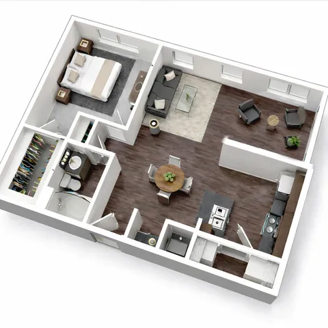 Modern 3D floor plan showcasing a cozy one-bedroom apartment with an open-concept living area, sleek kitchen, and stylish bathroom.