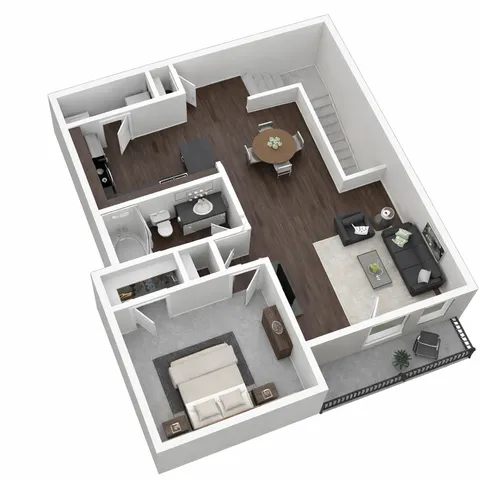 Elegant 3D floor plan showcasing a modern living room, cozy bedroom, sleek kitchen, and stylish dining area with wooden floors.
