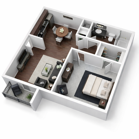 Contemporary 3D floor plan displaying a spacious one-bedroom apartment with an open-concept living and dining area, modern kitchen, and private balcony.