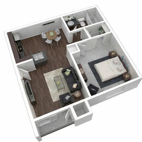 Modern 3D floor plan showcasing a cozy 1-bedroom apartment with a stylish kitchen, inviting living room, and a functional bathroom layout.