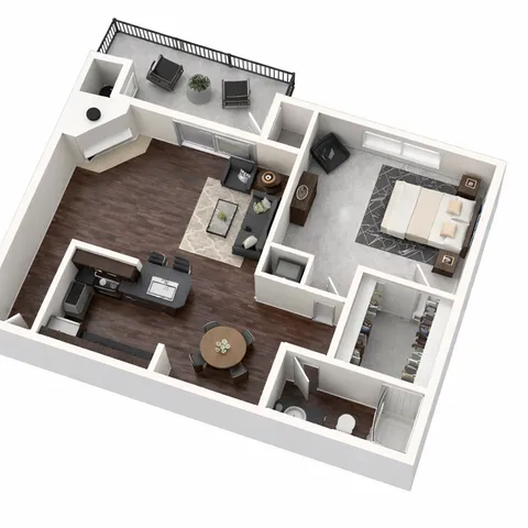 Elegant 3D floor plan featuring a spacious bedroom, modern kitchen, and cozy living area with hardwood flooring and a private balcony.