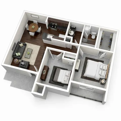 Modern 3D floor plan showcasing 2 spacious bedrooms, an elegant living area, and a sleek kitchen with high-end finishes.