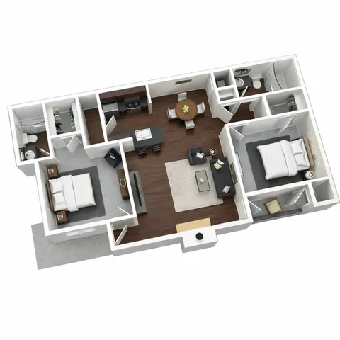 Modern 3D floor plan showcasing 2 bedrooms, a sleek open-concept living and dining area, a contemporary kitchen, and elegant hardwood floors.
