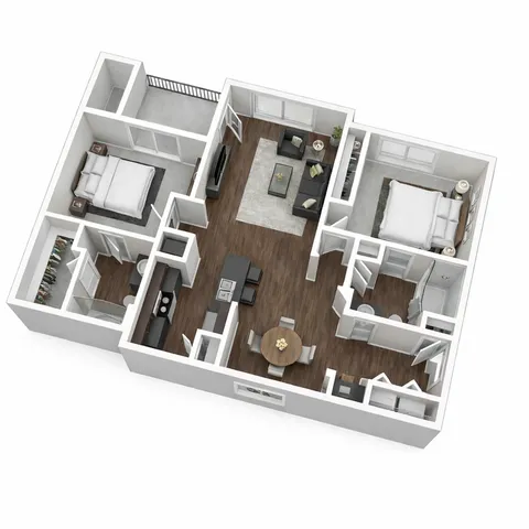 Modern 3D apartment floor plan with 2 bedrooms, stylish open-concept living area, and elegant kitchen design.