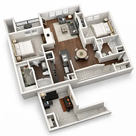 Modern 3D floor plan showcasing two spacious bedrooms, an elegant living room, and a chic kitchen with dining area, ideal for contemporary living.