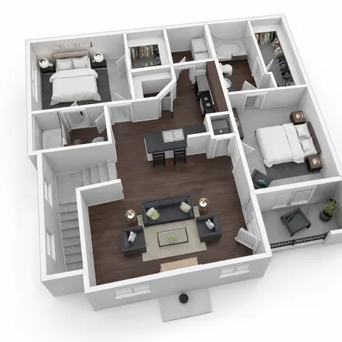 Modern 3D floor plan showcasing a stylish two-bedroom apartment with an open-concept living room, sleek kitchen, and cozy bedrooms. Ideal layout for contemporary living.