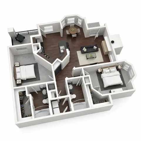 Modern and elegant 3D floor plan showcasing a spacious apartment with two bedrooms, two bathrooms, an open living and dining area, and a stylish kitchen. Features a cozy corner balcony and ample natural light.