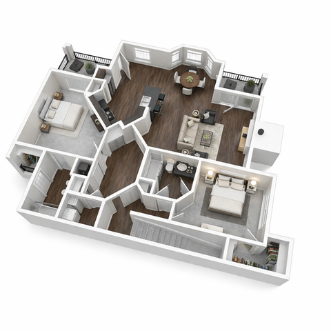 Modern 3D floor plan featuring two bedrooms, open-concept living room, sleek kitchen, and two bathrooms with stylish wooden flooring.