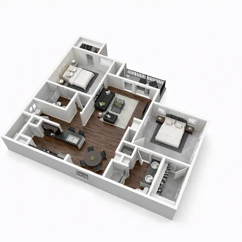 Elegant 3D floor plan showcasing two bedrooms, open-concept living area, modern kitchen, and private balcony.