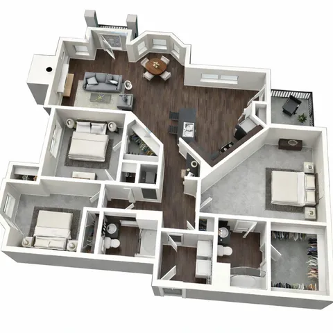 Modern 3D floor plan showcasing a stylish apartment with 3 bedrooms, open living area, and contemporary kitchen.
