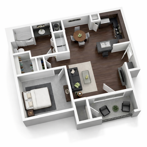 Chic floor plan showcasing a modern 1-bedroom apartment with open-concept living and dining area, sleek kitchen, and private balcony.