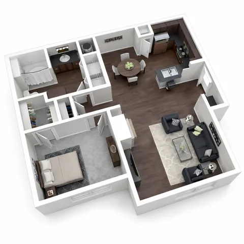 Chic 3D floor plan featuring a cozy bedroom, modern bathroom, open-concept living and dining area, and sleek kitchen with hardwood floors.