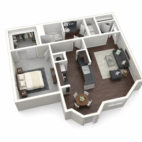 Modern 3D floor plan showcasing a single bedroom with generous closet space, a sleek kitchen with island, cozy living room, and elegant bathroom, all featuring stylish hardwood flooring.